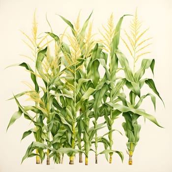 Corn plants with flower stage. Corn as a dish of thanksgiving for the harvest, picture on a white isolated background. An atmosphere of joy and celebration.