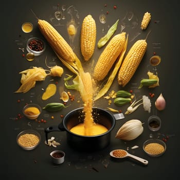 Illustration showing the ingredients for corn soup. Corn as a dish of thanksgiving for the harvest. An atmosphere of joy and celebration.