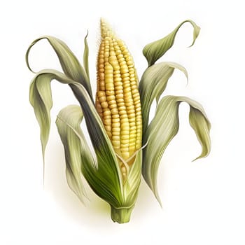 Illustration of corn cob with green leaf. Corn as a dish of thanksgiving for the harvest, picture on a white isolated background. An atmosphere of joy and celebration.