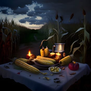 A corn-strewn small table in a cornfield at night. Corn as a dish of thanksgiving for the harvest. An atmosphere of joy and celebration.