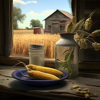 Two corn cobs, a vase with a flower on a wooden top in the background a field and a barn. Corn as a dish of thanksgiving for the harvest. An atmosphere of joy and celebration.