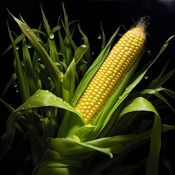 Yellow corn cob in Green Leaves, Black background water drops. Corn as a dish of thanksgiving for the harvest. An atmosphere of joy and celebration.