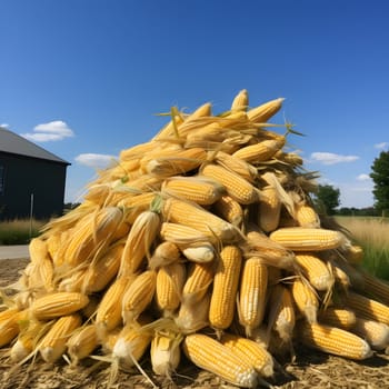 A giant pile stacked with peeled yellow corn cobs in a farm, field. Corn as a dish of thanksgiving for the harvest. An atmosphere of joy and celebration.