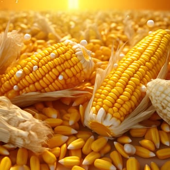 Yellow corn cobs lying on corn kernels. Corn as a dish of thanksgiving for the harvest. An atmosphere of joy and celebration.