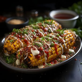 Seasoned yellow cobs, corn with sauces and green spices on a plate. Corn as a dish of thanksgiving for the harvest. An atmosphere of joy and celebration.