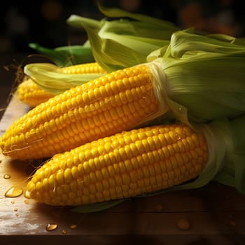 Yellow corn cobs in a green leaf on the table top drops water all around. Corn as a dish of thanksgiving for the harvest. An atmosphere of joy and celebration.