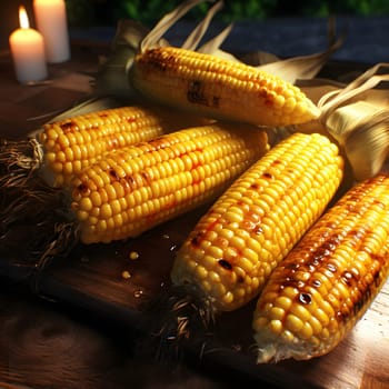 Three yellow corn cobs with sprinkles to eat. Corn as a dish of thanksgiving for the harvest. An atmosphere of joy and celebration.