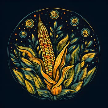 Logo corn cob in leaf in circle on solid dark background. Corn as a dish of thanksgiving for the harvest. An atmosphere of joy and celebration.