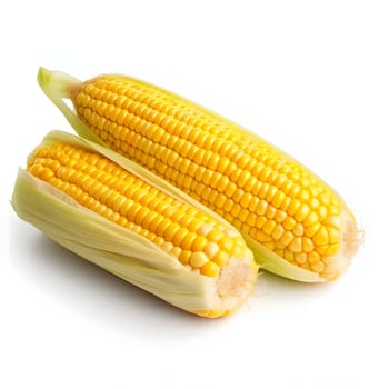 Two yellow corn cobs in a leaf. Corn as a dish of thanksgiving for the harvest, picture on a white isolated background. An atmosphere of joy and celebration.