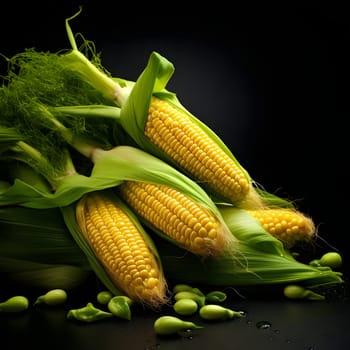 Four yellow corn cobs unpeeled from the leaf on a dark background. Corn as a dish of thanksgiving for the harvest. An atmosphere of joy and celebration.