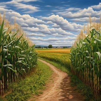 A field path between fields of corn village. Corn as a dish of thanksgiving for the harvest. An atmosphere of joy and celebration.