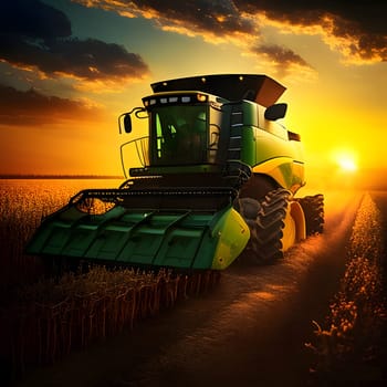 A combine working in the field at sunset. Corn as a dish of thanksgiving for the harvest. An atmosphere of joy and celebration.