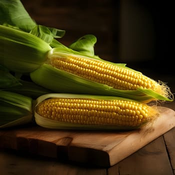 Two yellow corn cobs in leaf green on a wooden kitchen board. Corn as a dish of thanksgiving for the harvest. An atmosphere of joy and celebration.