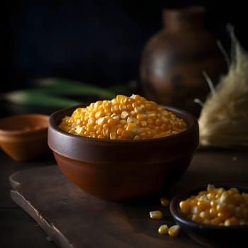 Yellow corn kernels in a bowl on a wooden table. Corn as a dish of thanksgiving for the harvest. An atmosphere of joy and celebration.