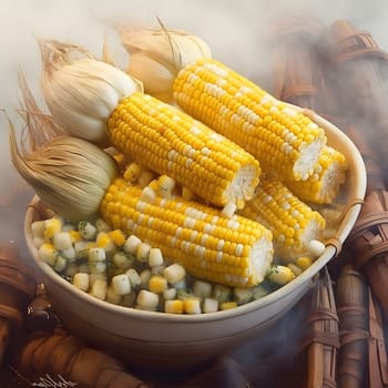 Yellow corn cobs in a bowl with kernels. Corn as a dish of thanksgiving for the harvest. An atmosphere of joy and celebration.