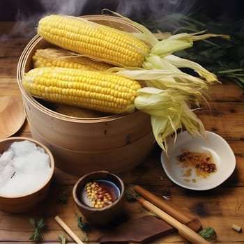 Yellow corn cobs on a wooden bucket. Corn as a dish of thanksgiving for the harvest. An atmosphere of joy and celebration.