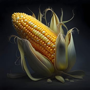 Large yellow corn cob in green leaf on dark isolated background. Corn as a dish of thanksgiving for the harvest. An atmosphere of joy and celebration.