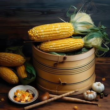 Yellow corn cobs on a wooden bucket. Corn as a dish of thanksgiving for the harvest. An atmosphere of joy and celebration.