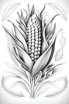 Black and White corn cob with a leaf on the stalk. Corn as a dish of thanksgiving for the harvest, picture on a white isolated background. An atmosphere of joy and celebration.