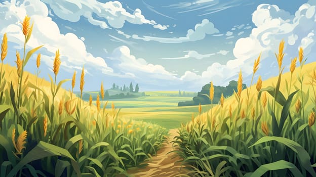 Illustration of corn field with meadow. Corn as a dish of thanksgiving for the harvest. An atmosphere of joy and celebration.