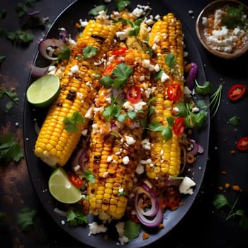 Yellow corn cobs on a plate decorated with limes and spices to eat. Corn as a dish of thanksgiving for the harvest. An atmosphere of joy and celebration.