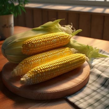 Yellow corn cobs on a round wooden kitchen board. Corn as a dish of thanksgiving for the harvest. An atmosphere of joy and celebration.