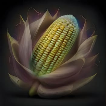 Cob of corn with green leaf old dark uniform background. Corn as a dish of thanksgiving for the harvest. An atmosphere of joy and celebration.