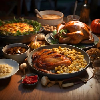 Thanksgiving meal, corn kernels, pumpkins, pies, roast turkey on a wooden table. Corn as a dish of thanksgiving for the harvest. An atmosphere of joy and celebration.