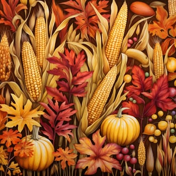 Elegant and modern. Corns, cobs, leaves, pumpkins, as abstract background, wallpaper, banner, texture design with pattern - vector. Dark colors.