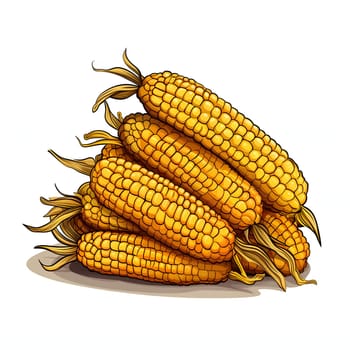 Illustrations of yellow corn cobs. Corn as a dish of thanksgiving for the harvest, picture on a white isolated background. An atmosphere of joy and celebration.
