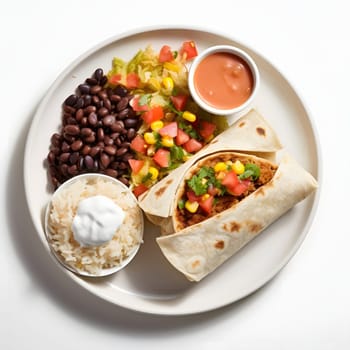 White plate, and on it seeds, salad, corn kernels, sliced tomatoes, sauce, Tortilla. Corn as a dish of thanksgiving for the harvest, picture on a white isolated background. An atmosphere of joy and celebration.