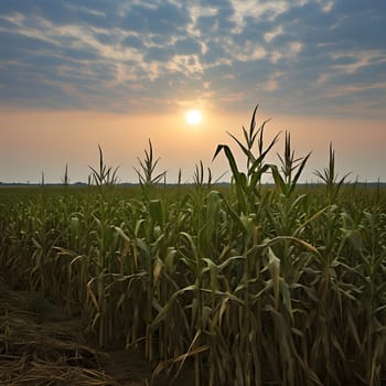 A field of corn at sunset. Corn as a dish of thanksgiving for the harvest. An atmosphere of joy and celebration.