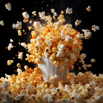 Paper box and in a sealant popcorn with sauce on a black background. Corn as a dish of thanksgiving for the harvest. An atmosphere of joy and celebration.