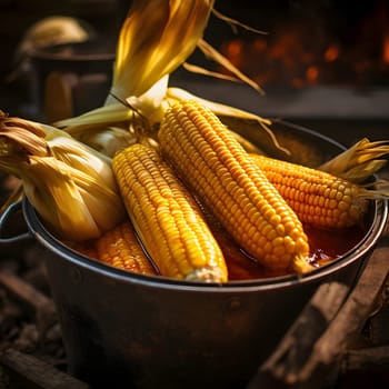 Metal bucket with picked corn cobs. Corn as a dish of thanksgiving for the harvest. An atmosphere of joy and celebration.