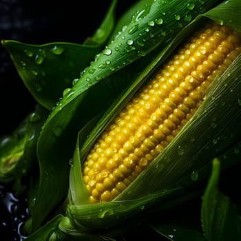 Yellow corn cob in green leaf. Drops of water and dew. Corn as a dish of thanksgiving for the harvest. An atmosphere of joy and celebration.