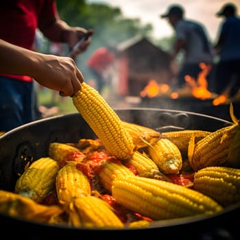 A large metal bowl with cobs, corn and a man and receiving. Corn as a dish of thanksgiving for the harvest. An atmosphere of joy and celebration.