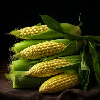 Five yellow corn cobs with Green leaf on black background. Corn as a dish of thanksgiving for the harvest. An atmosphere of joy and celebration.
