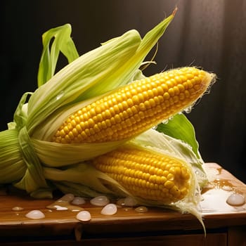 Two yellow corn cobs in green leaf on wooden top dark background. Corn as a dish of thanksgiving for the harvest. An atmosphere of joy and celebration.