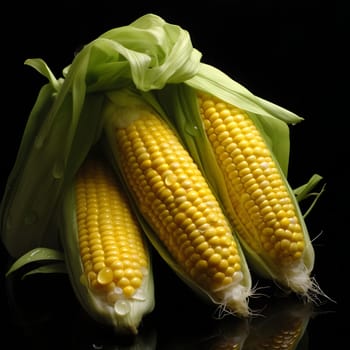 Three yellow corn cobs with drops of water on a dark background. Corn as a dish of thanksgiving for the harvest. An atmosphere of joy and celebration.