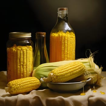 Yellow corn cobs and corn kernels in bottled, glass containers. Corn as a dish of thanksgiving for the harvest. An atmosphere of joy and celebration.