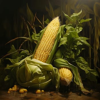 Yellow corn cobs against a background of Green leaf plants, water running off them. Corn as a dish of thanksgiving for the harvest. An atmosphere of joy and celebration.