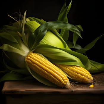 Yellow corn cobs with green leaves on wooden table top black background. Corn as a dish of thanksgiving for the harvest. An atmosphere of joy and celebration.