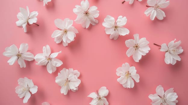 A collection of pure white flowers with delicate petals standing out against a soft pink background. The flowers are clustered together, creating a beautiful contrast in colors.