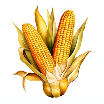 Two yellow corn cobs in a leaf, illustration. Corn as a dish of thanksgiving for the harvest, a picture on a white isolated background. An atmosphere of joy and celebration.