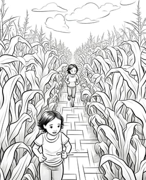 Black and White coloring book, two children running on a path in a field of corn. Corn as a dish of thanksgiving for the harvest, a picture on a white isolated background. An atmosphere of joy and celebration.