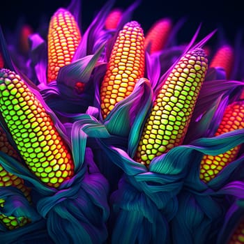 Yellow Corn Cobs on Purple Pink Green, Stalks and Leaves. Corn as a dish of thanksgiving for the harvest. An atmosphere of joy and celebration.