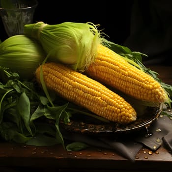 On a tray of a small plate and green leaves with corn cobs around the drops of water are. Corn as a dish of thanksgiving for the harvest. An atmosphere of joy and celebration.