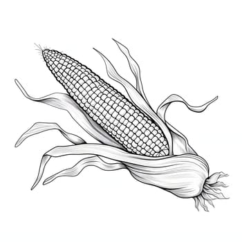 Black and White coloring book corn in a leaf. Corn as a dish of thanksgiving for the harvest, a picture on a white isolated background. An atmosphere of joy and celebration.