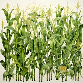 Corn plants with flower stage. Corn as a dish of thanksgiving for the harvest, picture on a white isolated background. An atmosphere of joy and celebration.