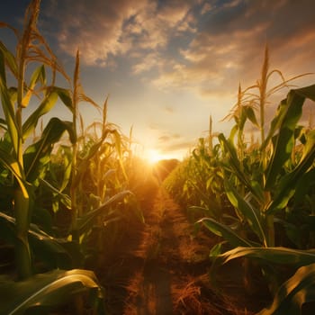 Photo of a corn field at sunset or sunrise. Corn as a dish of thanksgiving for the harvest. An atmosphere of joy and celebration.